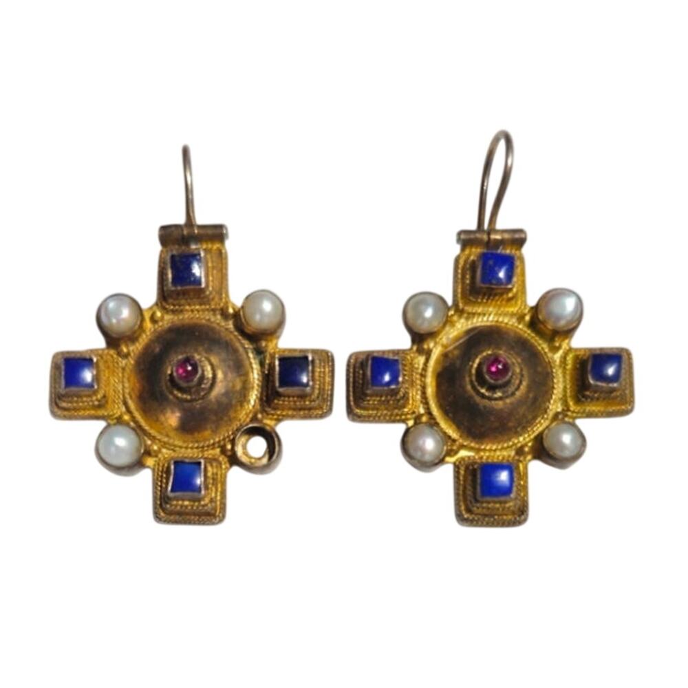 Vintage 14K Gold Filled Sterling  Canterbury Cross Pearl Lapis Garnet Earrings